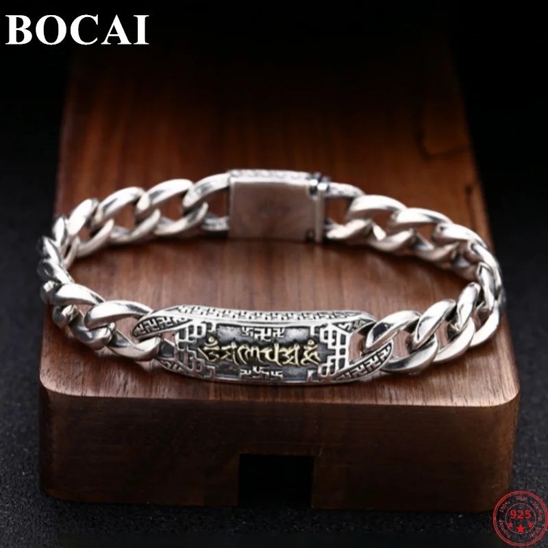 BOCAI S925 Sterling Silver Bracelets for Men New Fashion Sanskrit Six Character Mantra Tank-chain Punk Jewelry Free Shipping