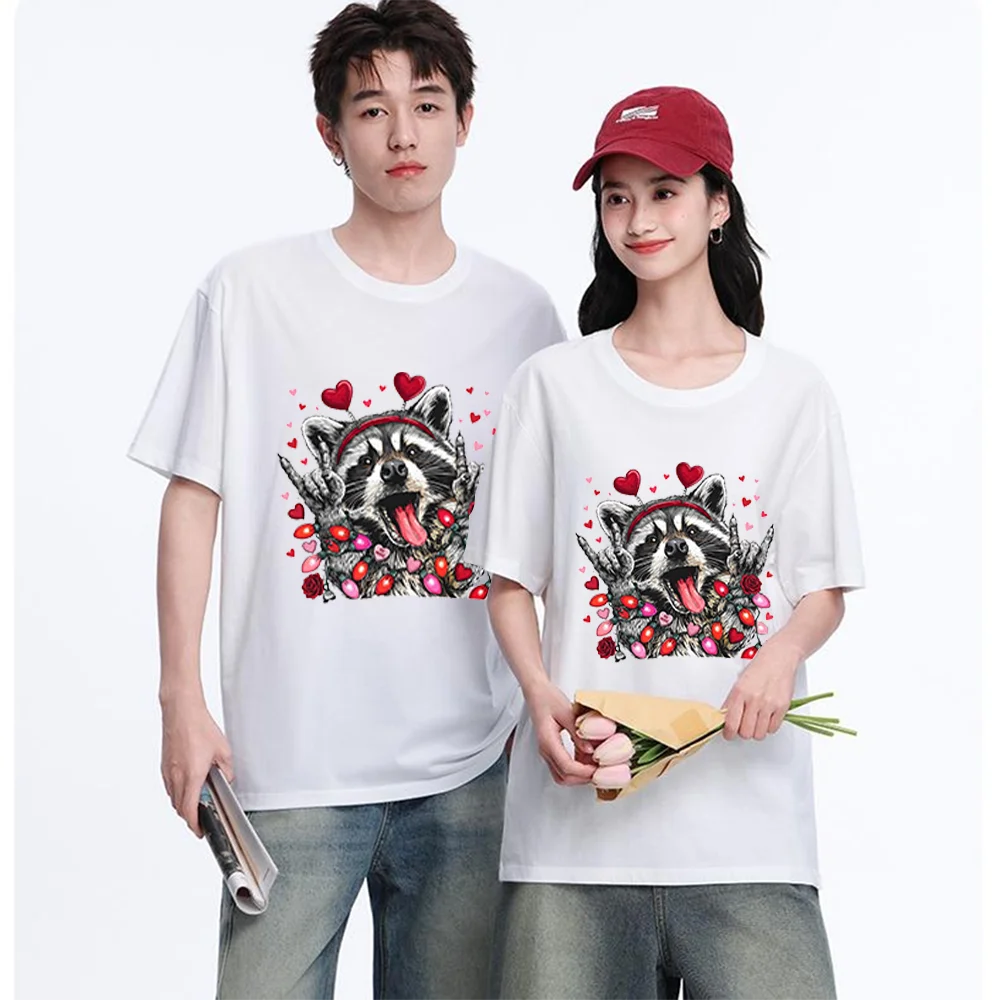 Raccoon Heart Headband Rose Light Printed T Shirt Cotton S-XXL Personalized Custom Casual Short Sleeve Tee Aesthetic Graphic Top