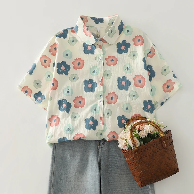 Floral Print Loose Short Sleeve Shirt Cardigan Summer New Style Cartoon Flower Design Versatile Looking Half Sleeve Blouse