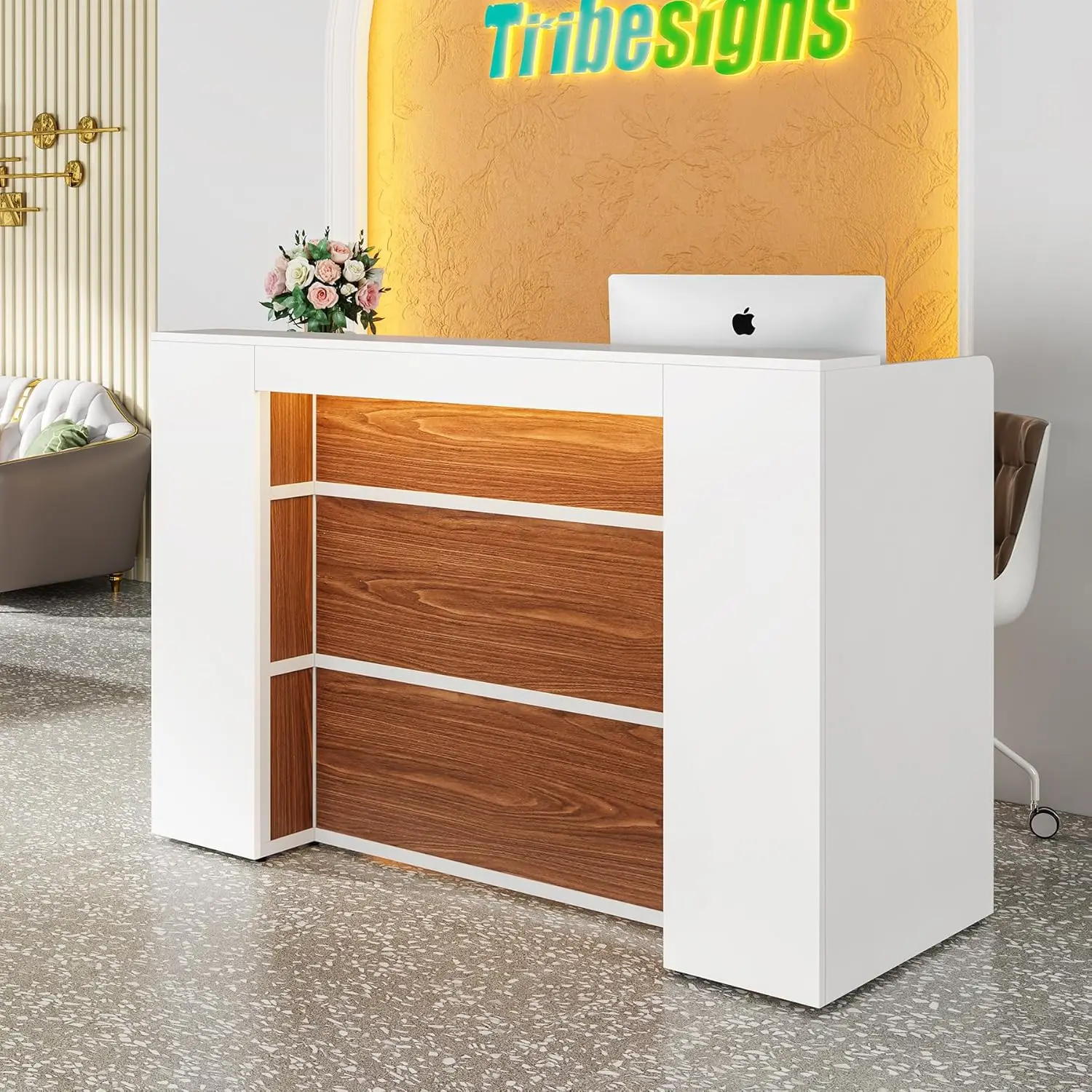 Reception Desk with LED Lights, 63 Inches Front Counter Desk for Checkout, Lobby, Salon, Retail, Modern Large Counter