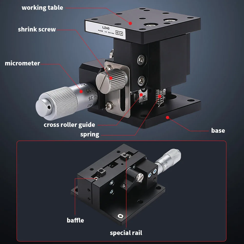 Piattaforma da tavolo di sollevamento ottico asse Z Mini micrometro Precisione Fine-tuning Tavolo scorrevole CNC Spostamento manuale LZ40/60-LZ125