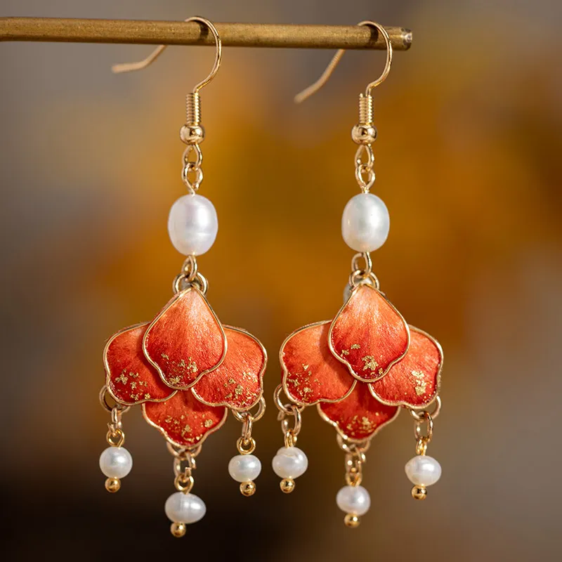 Chinese Traditional Hanfu Velvet Flower Dangle Earrings Faux Pearl Decor Multiple Colors Ear Hooks Clips For Women Cosplay Party