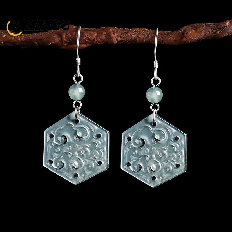 

Серьги с натуральным жадеитом и синим водным полым резным цветком, серебро S925, модный гламурный женский праздничный подарок