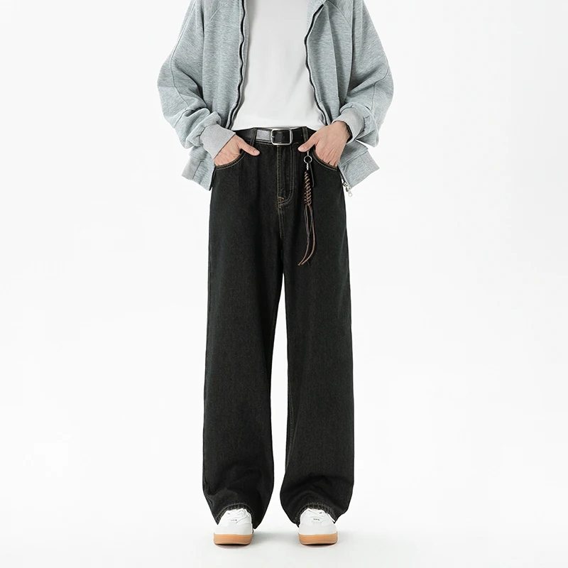 High Street Men's Denim Pants Solid Color Casual Drape Trousers Straight Wide Leg All-match Loose Male Jeans Simple