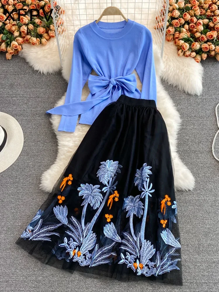 Sweet Casual Ladies Two-piece Mesh Embroidery Bow Splicing High-waisted A-line Skirt Set 2024 Fall New