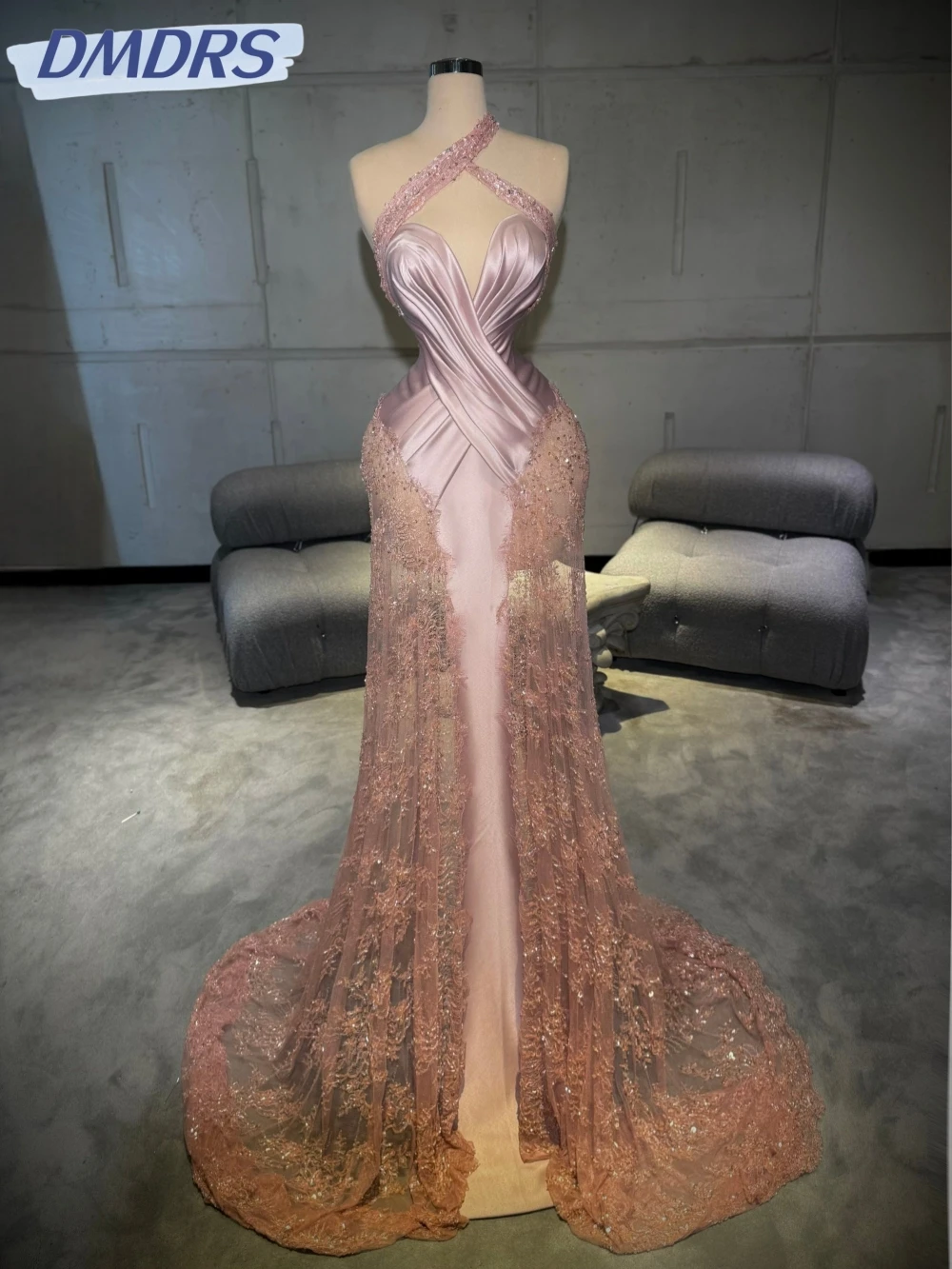 

Pink Embroidery Beaded Lace Long Evening Dress Sexy Illusion Sleeveless Wedding Party Gown Customized Graceful Prom Dresses