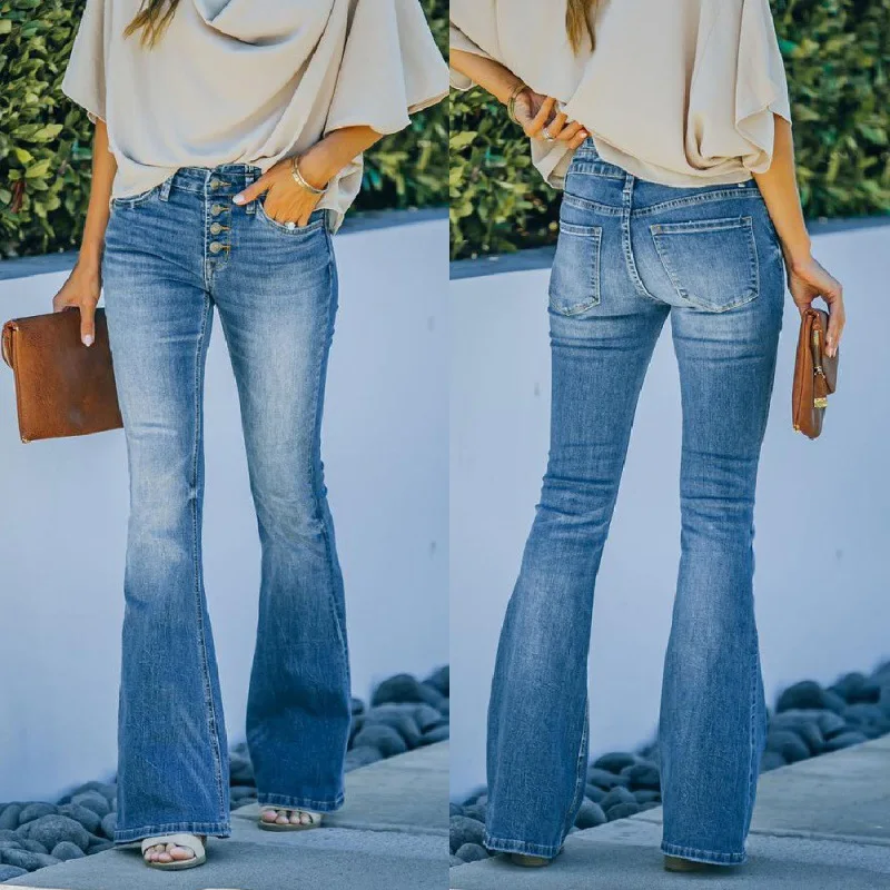 Women Denim Jeans Spliced High Waist Solid Color Flare Pants Single Breasted Button Pockets Zipper Fly Streetwear Spring