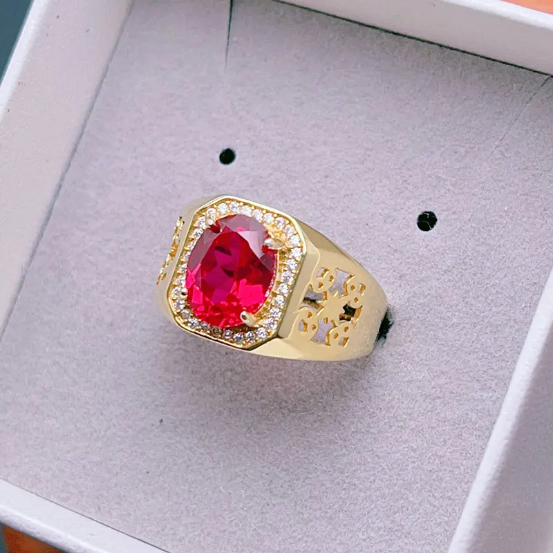 

8mm*10mm 2ct Man Made Ruby Ring for Men 18K Gold Plated Red Lab Created Crystal Jewelry Solid 925 Silver Men Ring