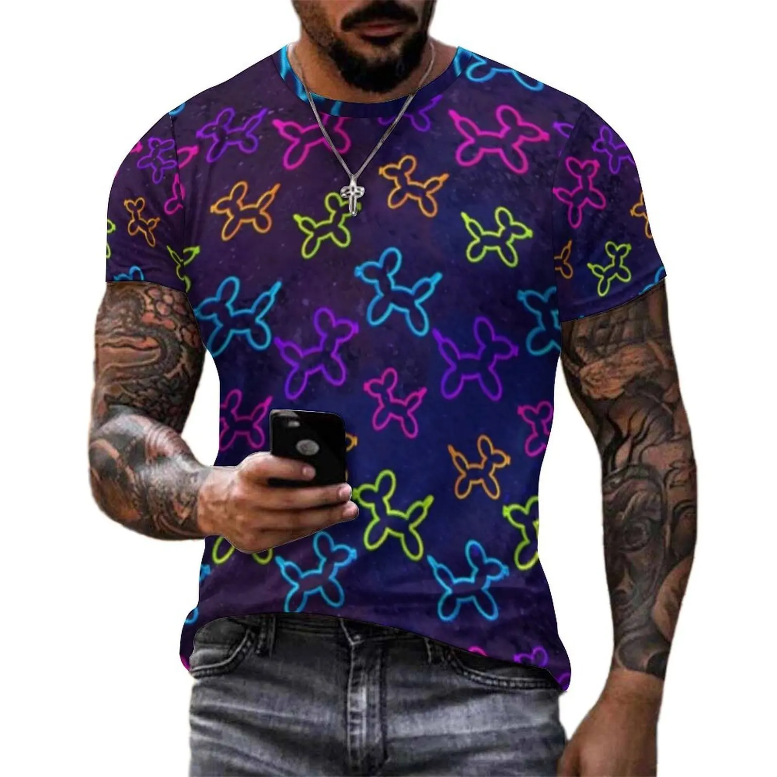 Men Neon Balloon Dogs T Shirt Cartoon Animal Print Harajuku T Shirts Short Sleeves Design Tshirt Summer Awesome Plus Size Tees
