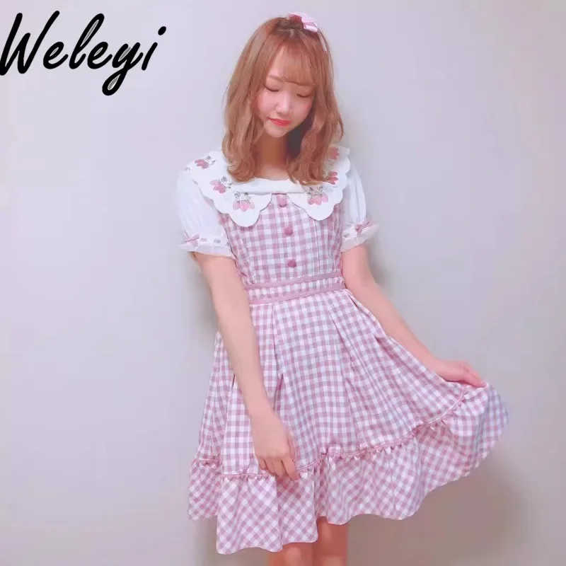 Japanese Bow Sweet Dresses Women's 2024 Summer Mine Series Mass Produced Strawberry Embroidery Sailor Collar Plaid Elegant Dress