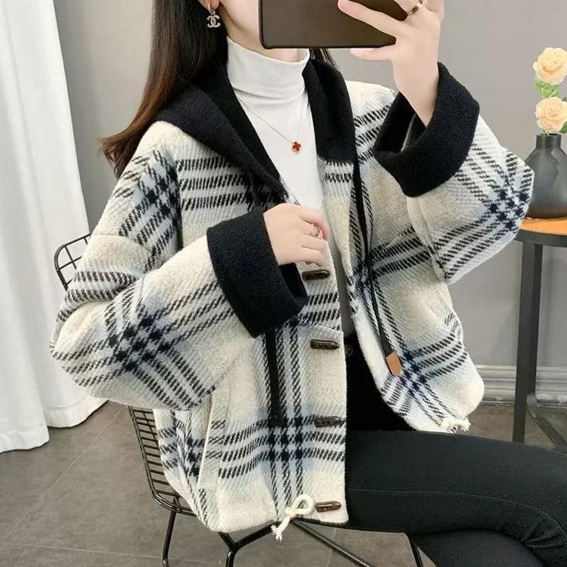 Spring Female Large Size 4XL Grid Jacket Autumn Women Fashion Hooded Woolen Coat Retro Ladies High-end Patchwork Short Outwear