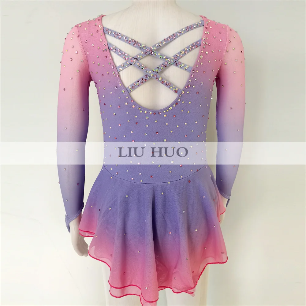 LIUHUO-Vestido de Patinação no Gelo para Mulheres e Meninas, Traje Personalizado para Performance Adolescente, Collant de Competição, Rosa, Gradiente Roxo