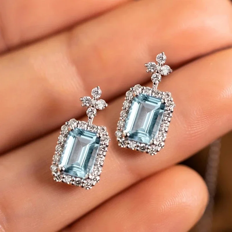 Huitan Exquisite Light Blue Drop Earrings for Women Newly Flower Designed Fresh Style Ear Accessories Elegant Daily Wear Jewelry