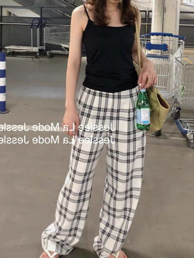 HOUZHOU Harajuku Plaid Pants Women Casual Wide Vintage Korean Style White Checked Trouser Thin Home Pants Chic Female Streetwear