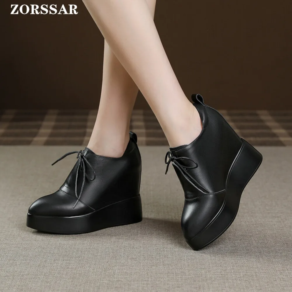 Women Genuine Leather Casual Black Shoes Platform Wedge Female Women 12CM High 2024 Fashion Chunky Sneakers Spring Autumn Shoes