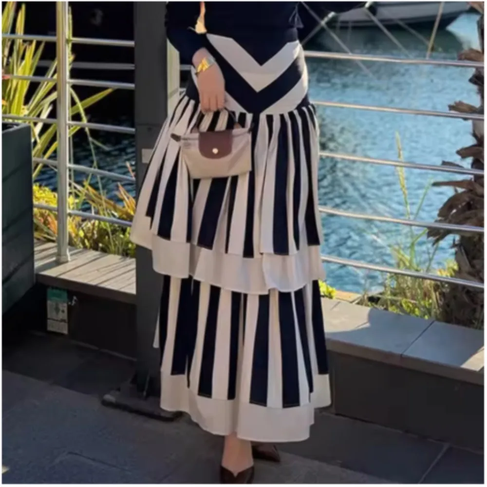 Women Black White Striped Long Skirt High Waist Asymmetric Tiered Ruffle Skirt Irregular Swing Flowy Casual Fashion A Line Skirt