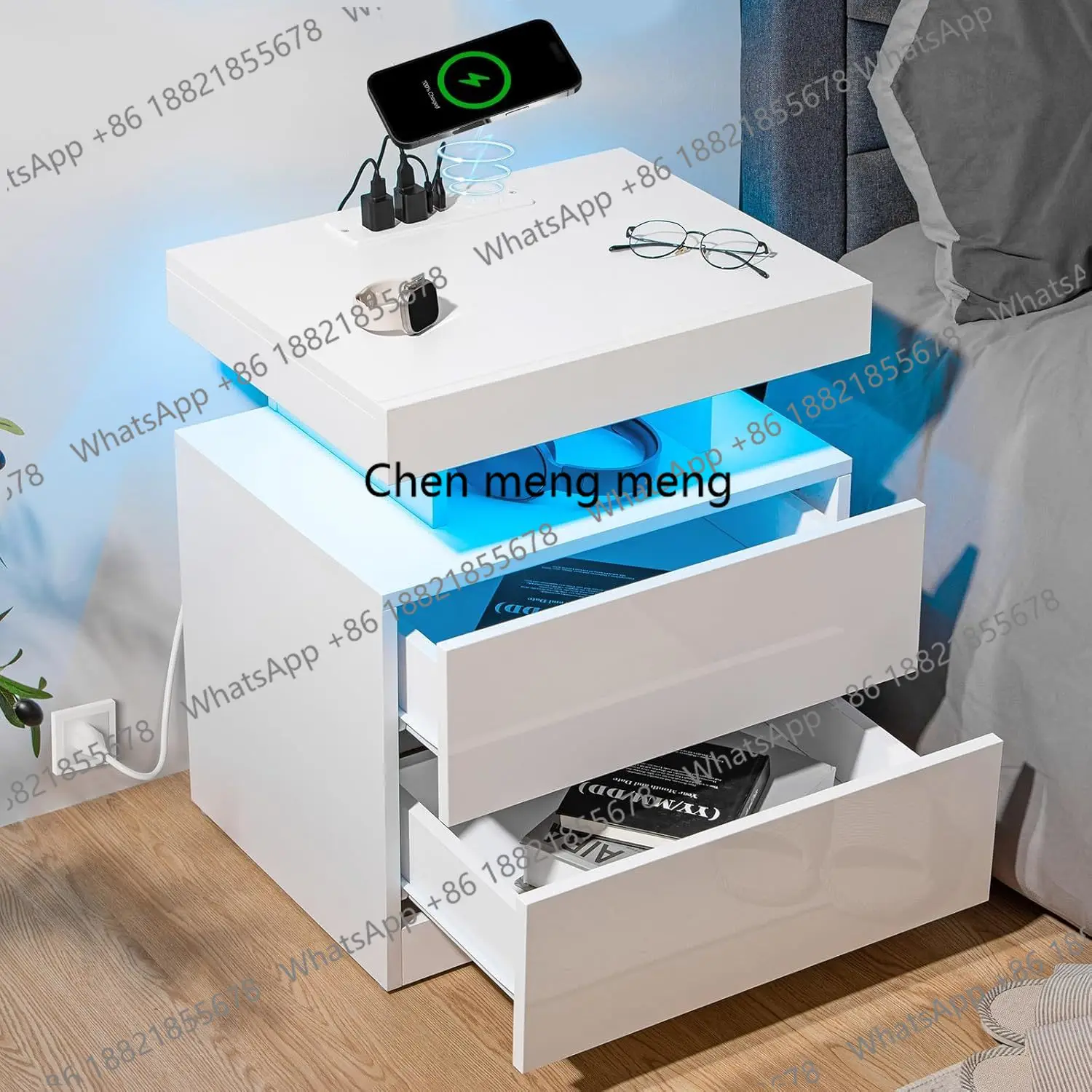 LED Nightstand Wireless Charging Station USB Ports High Gloss LED Light RGB Adjustable Brightness Smart 2 Drawers Bedroom Black