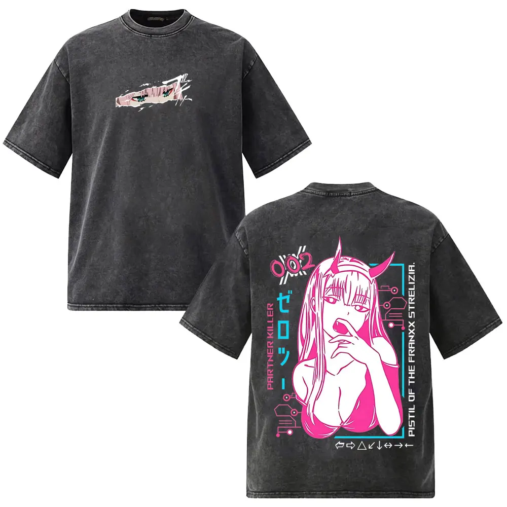 

Washed Vintage Anime Darling in The Franxx Zero Two Graphic T Shirt Men Women 90s Manga Casual Oversized T-shirt Male Streetwear