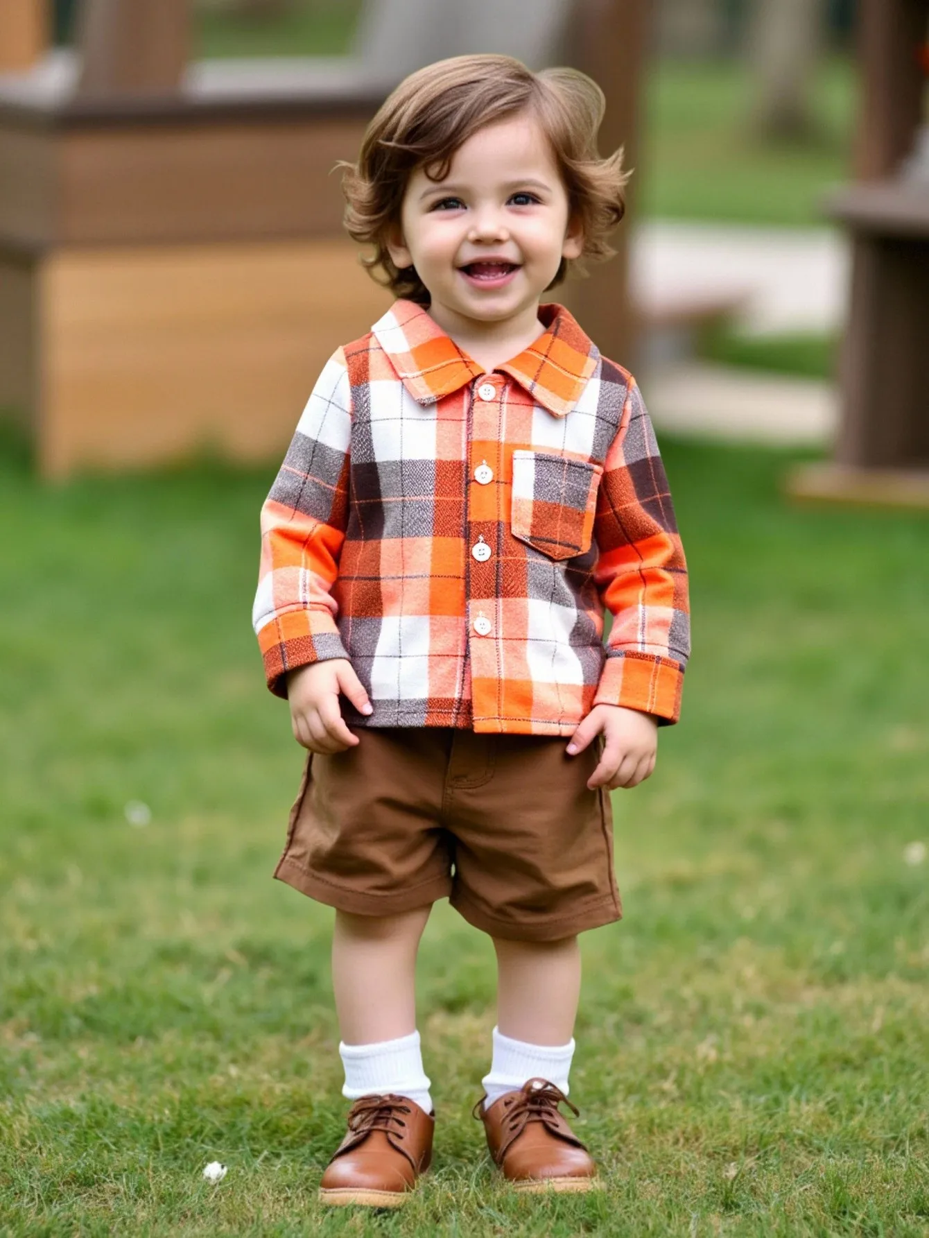 Single piece of baby boy fashion cute casual plaid collar (random plaid) front open button long sleeve shirt autumn