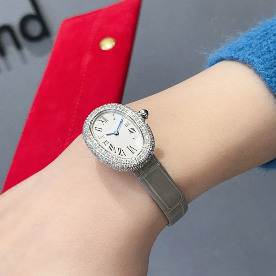 العلامة التجارية ساعات المعصم امرأة فتاة عالية الجودة جميلة 23 مللي متر الماس البيضاوي نمط اليابانية حركة الكوارتز حزام من الجلد على مدار الساعة CT80