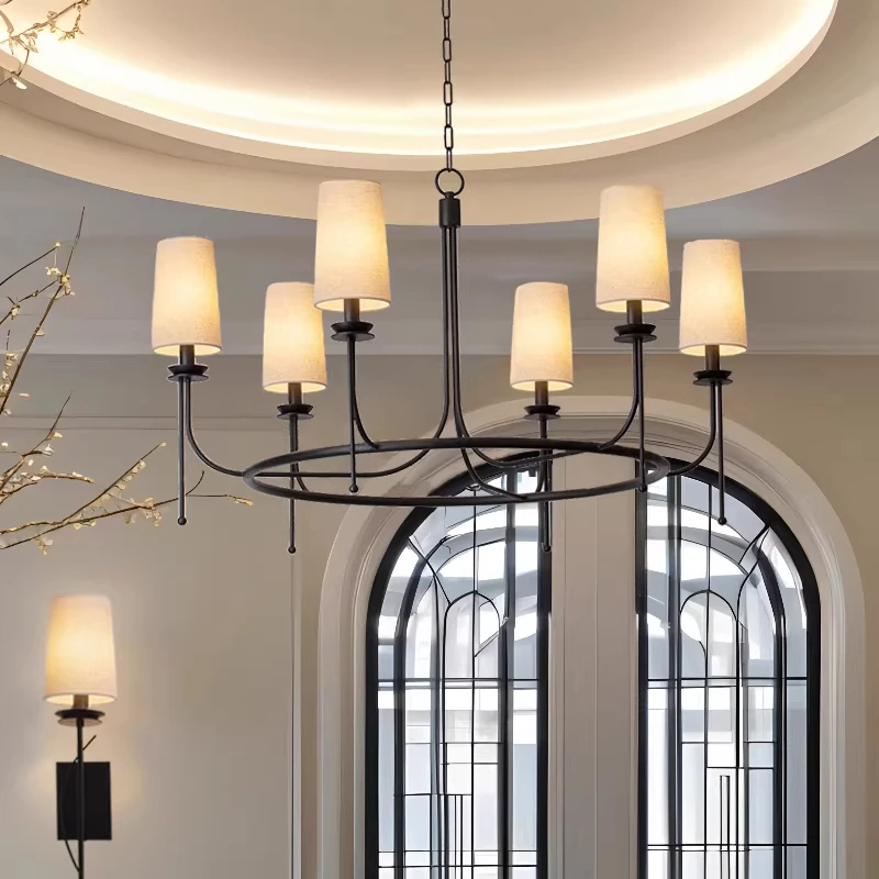 American Retro Chandeliers Linen Cloth Villa Duplex Living Room E14 Pendant Lights Lighting Bedroom Dining Room Lamps Luminarias