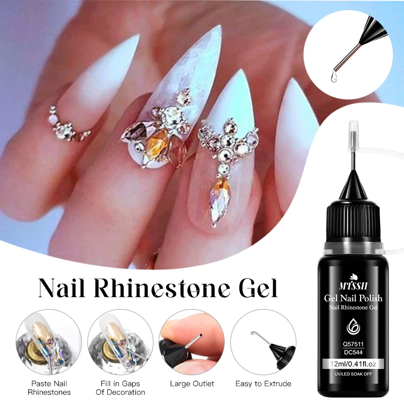 12ml Nail Rhinestone Gel - Alcohol-Free, Non-Wipe, Precision Application, Strong Hold, Glossy Finish for Nail Art Gem Adhesion