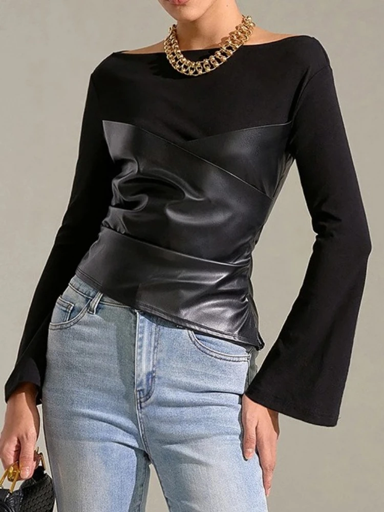 

Y2k Aesthetics Лоскутная сексуальная футболка из искусственной кожи, осень 2022, топы с расклешенными рукавами в стиле Харадзюку, уличная одежда, нерегулярные плиссированные облегающие футболки в стиле гранж