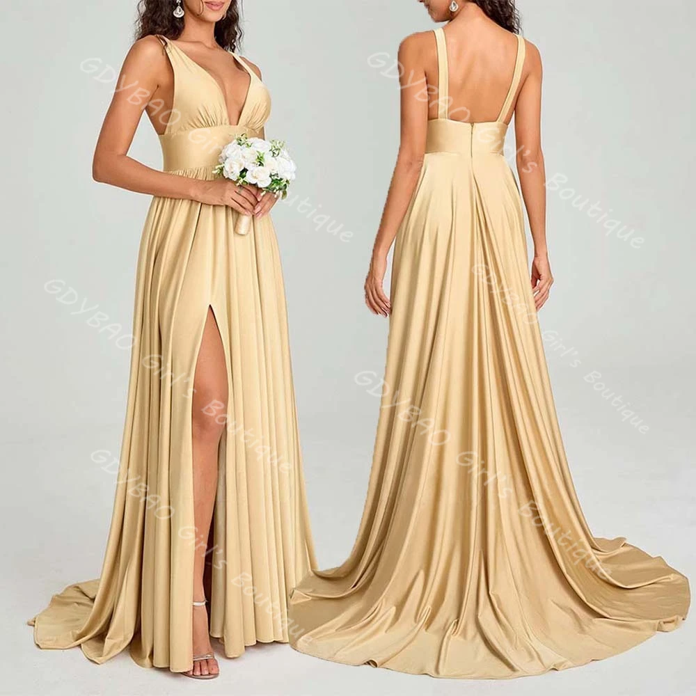 

Women‘s Champagne Bridesmaid Dress with Slit Deep V Neck Backless Wedding Party Gown Long Pleated Satin Prom Dress A-line Custom