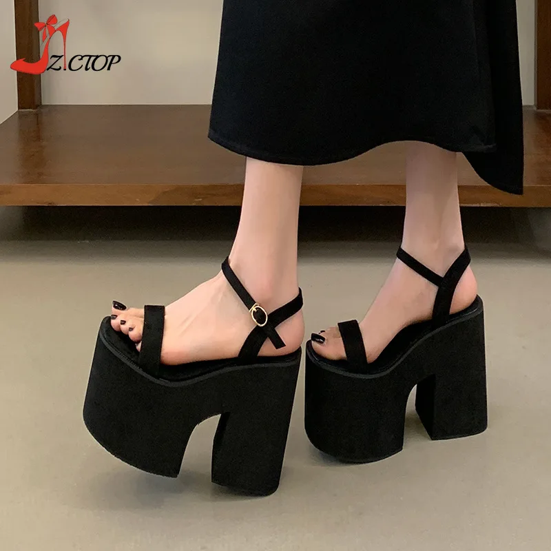 Women Chunky Heeled Sandals Fashion Open Toe Super High Heels Sandals Summer Black Platform Shoes Female Buckle Strap