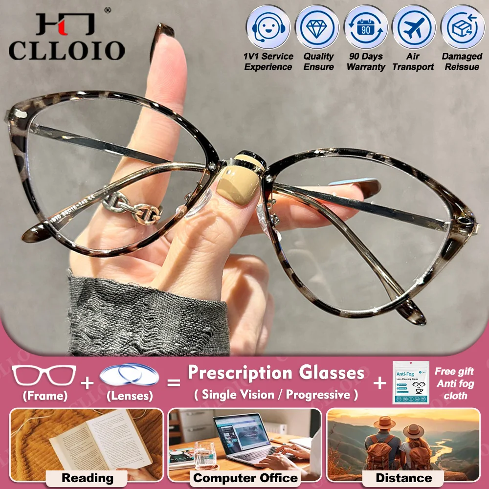 

CLLOIO Women Geometric Cat Eye Design Myopia Hyperopia Prescription Glasses Oversize Anti Blue Ray Multifocal Reading Eyeglasses
