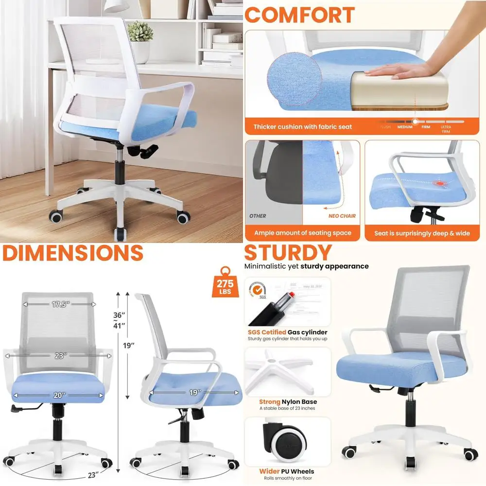 

Ergonomic Swivel Office Chair with Lumbar Support, Mesh Back, Adjustable, Comfortable, Wheels, Sky Blue for Home Use