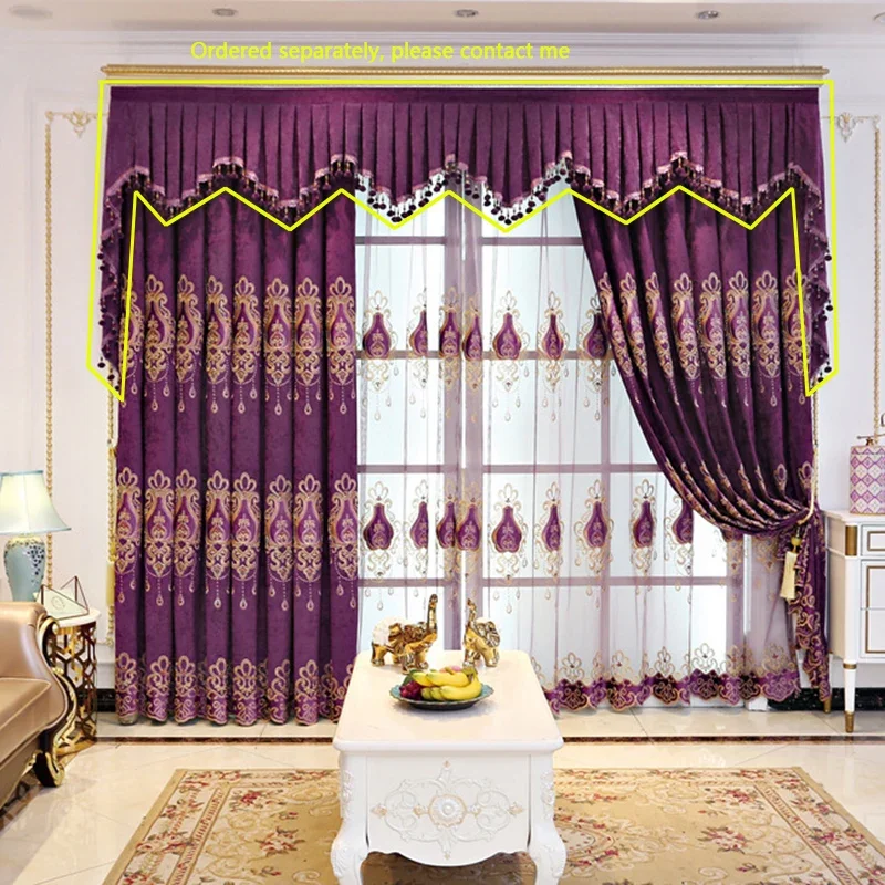 Luxury European Purple Embroidery Sheer Tulle Curtians Blue Velvet High Blackout Curtains for The Bedroom Living Room Villa