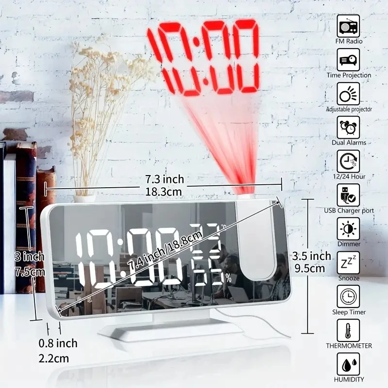 LED 180° Projection FM Radio LED Digital Smart Alarm Clock Multifunctional  Temp Humidity Table Clock 12/24H Snooze Clock