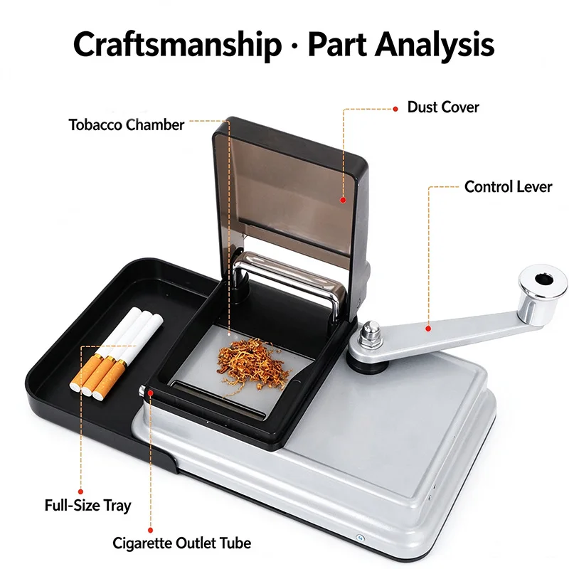 Cigarette Rolling Machine Hand Crank Cigarette Injector Machine, 5.5 6.5 8.0mm Manual Tobacco Rolling Maker with Storage Tray