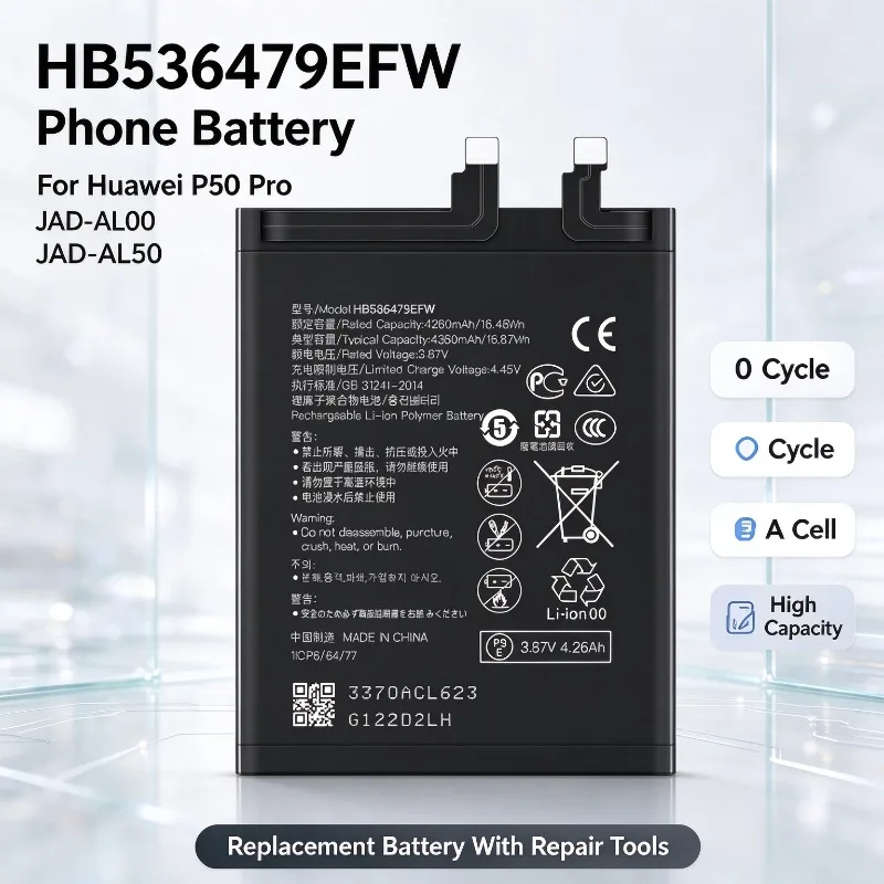 HB536479EFW Battery For Huawei P50 Pro JAD-AL00 JAD-AL50, 0 Cycle Grade A Cell High Capacity Replacement Battery With Tools