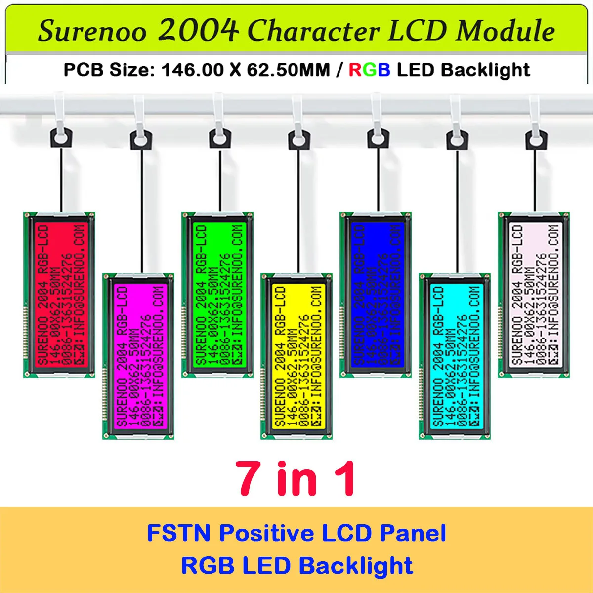 

Surenoo 146.0X62.5MM 204 20X4 2004 FSTN Positive Character LCD Module Display Screen LCM Panel with RGB LED Backlight