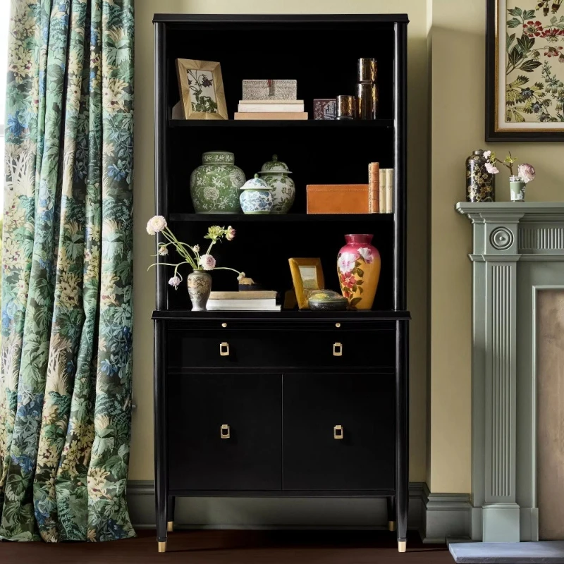 Open storage cabinets, high wooden bookcases, with hidden storage bottom cabinets