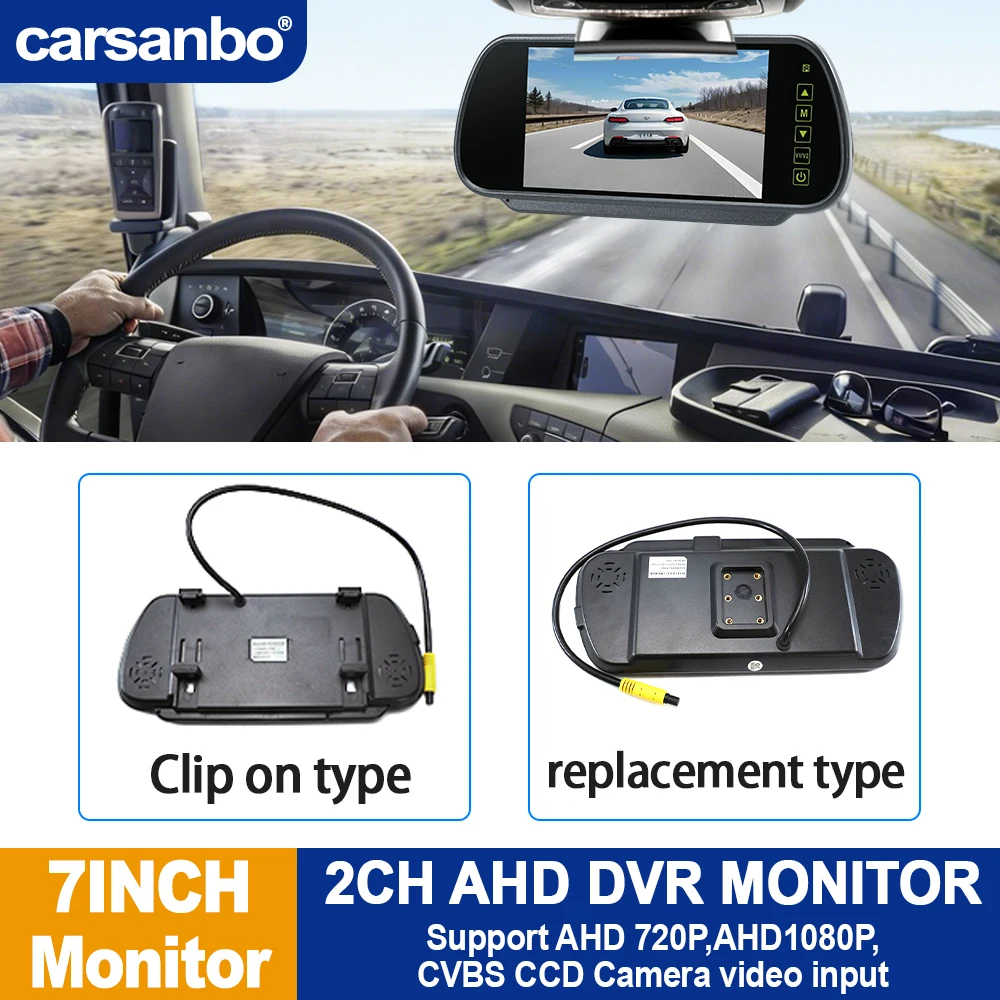 Carsanbo 7inch Rearview Mirror Monitor with DVR function For Bus Car RV Truck Support AHD CVBS 2CH Video Input