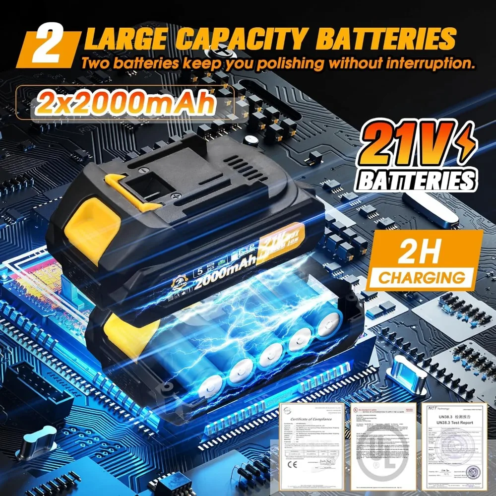 Cordless Car Buffer Polisher Kit with 2 Batteries, 18 Attachments, 6-Speed LED Display for Waxing & Scratch Removal