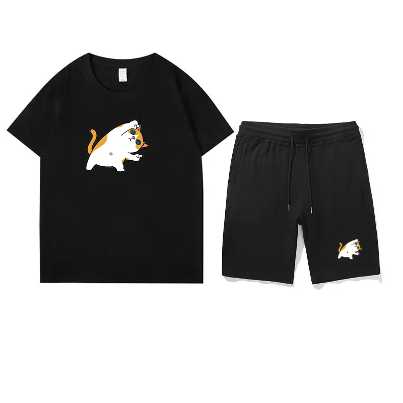 100% Cotton Shorts suits Men Cotton Tracksuit Men Cotton Cat T-Shirts Shorts Sport Suit 2 Piece set mens Outfits Streetwear