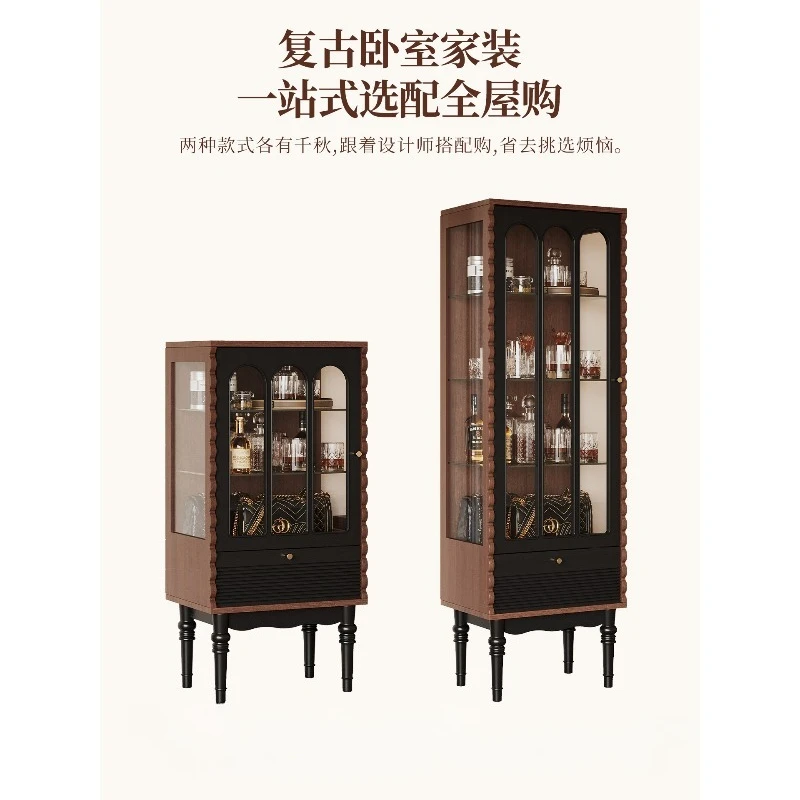 French Retro Glass Wine Cabinet Integrated Against The Wall Side Cabinet Display Household Storage TV