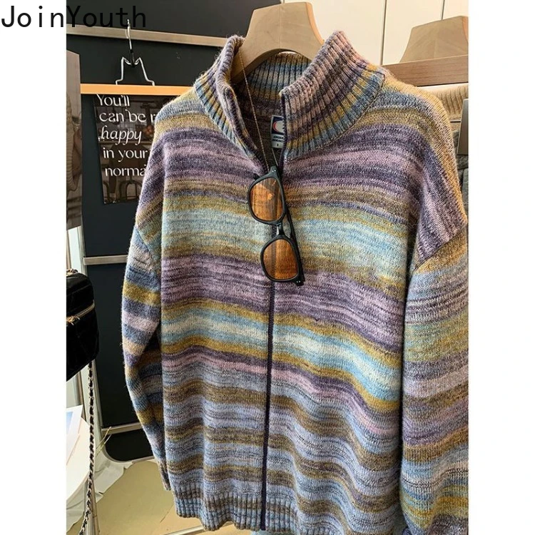 Knitwear Casual Cardigan Jackets Women Fashion Rainbow Stripe Sueter Mujer Stand Neck Zipper Casual Vintage Oversized Sweater