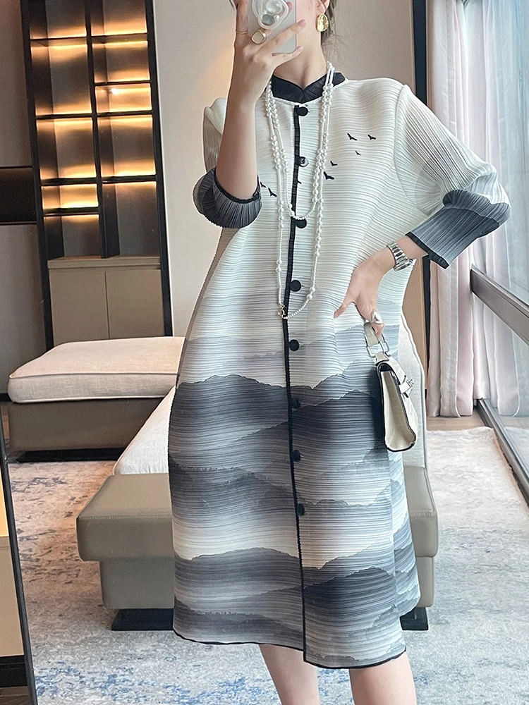 LANMREM Chinese Style Women\'s Ink Painting Dress With Sleeves Single Breasted Female Elegant Loose Dresses 2024 Summer 2DA8084A