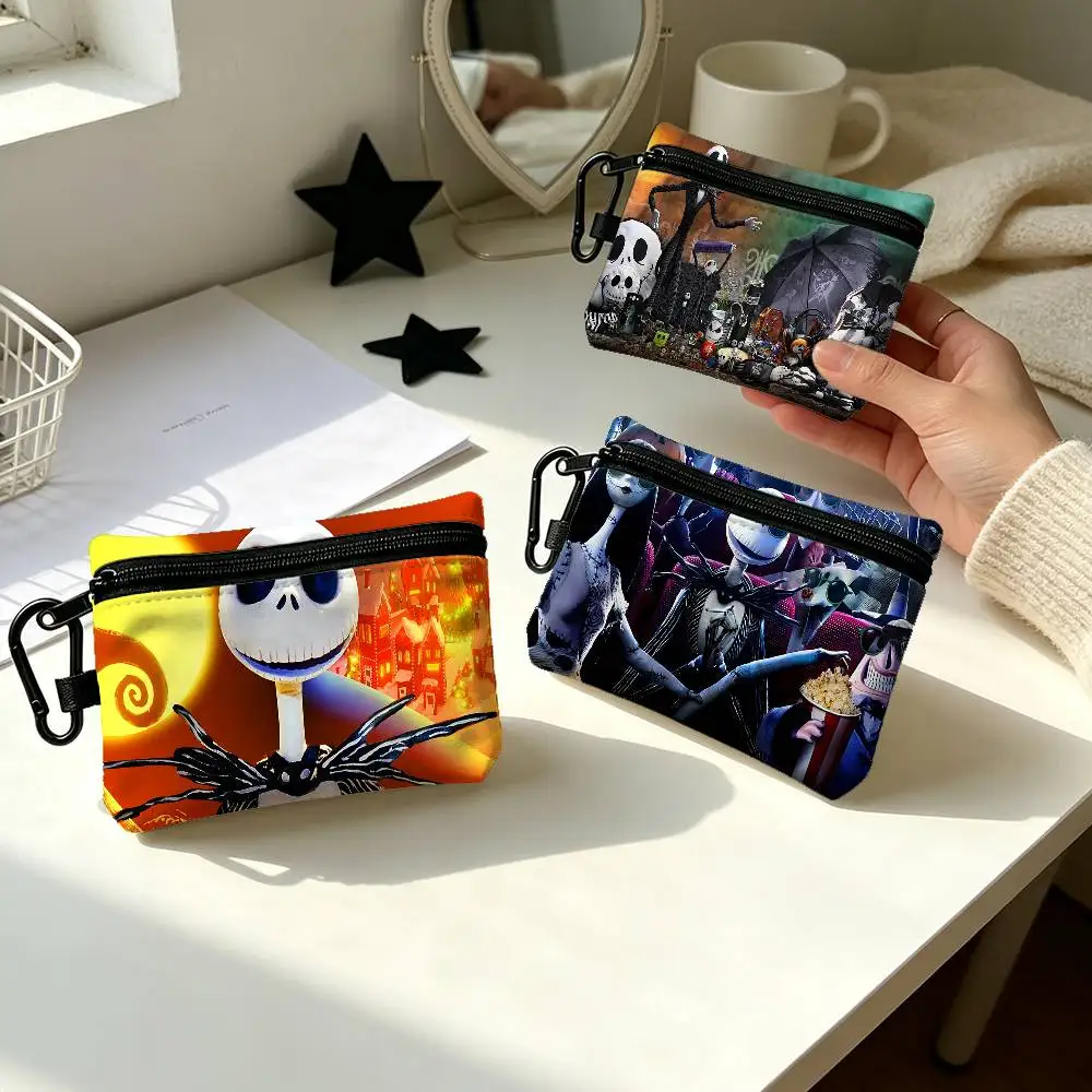 Nightmare Before Christmas Jack Portable Oxford Fabric Mini Wallet Carabiner Design Small Coin Bag For Cards Keys Earphones