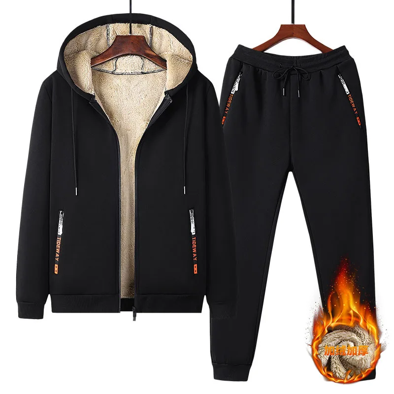 Conjunto Deportivo para Hombre, Forrado de Lana de Cordero, Grueso y Cálido, con Sudadera con Cierre y Pantalones Deportivos Rectos, para Actividades al Aire Libre, Tallas Grandes