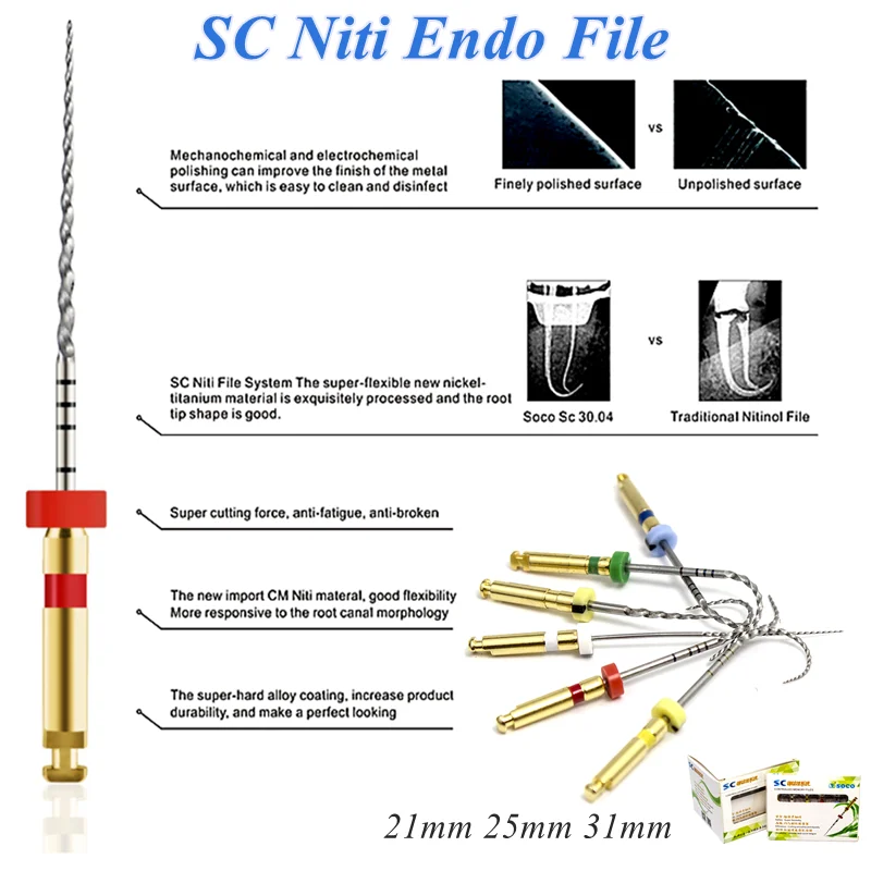 6Pcs Dental File COXO SOCO Root Canal Taper Endodontic Files Heat Activated Rotary Niti Files for Preparing Root Canal Treatment