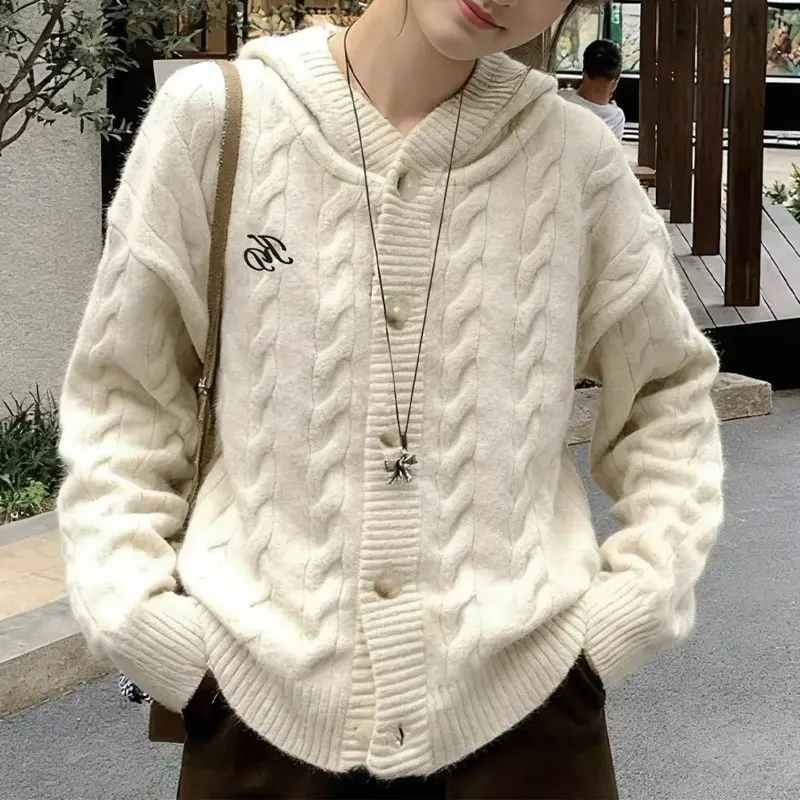 

Casual Hooded Korean Loose Sweaters Female Clothing Letter Embroidery Autumn Winter Basic Long Sleeve Button Knitted Cardigan