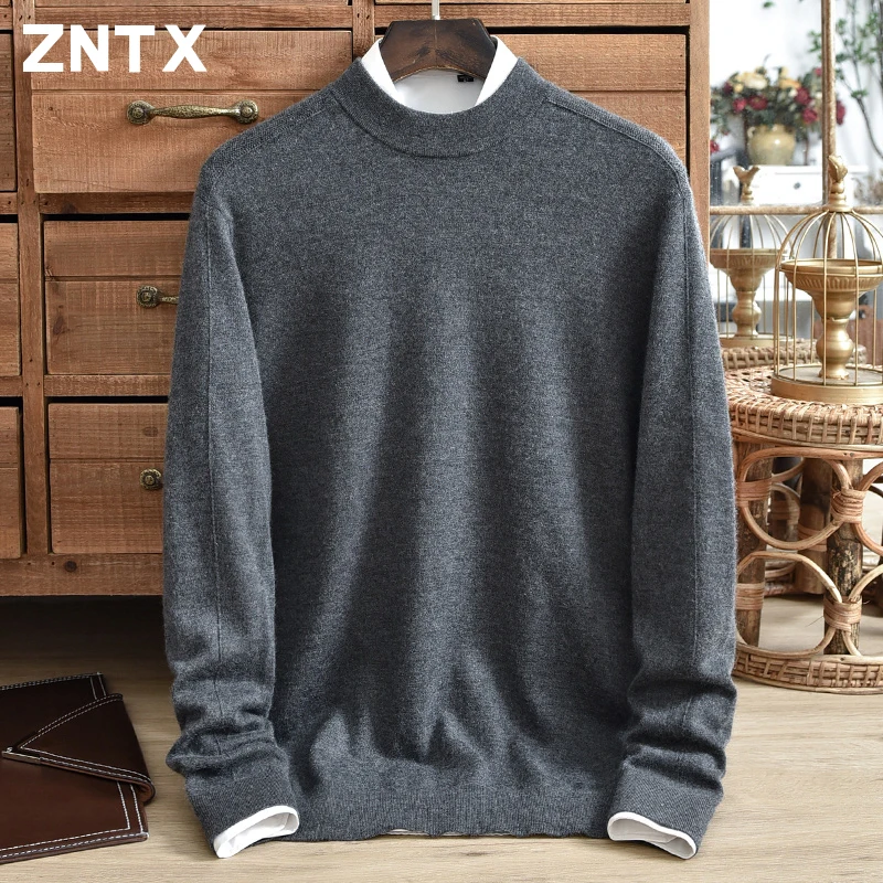 

Autumn men's fine spun semi high neck pure cashmere sweater, thin, solid color, business and leisure pullover base sweater