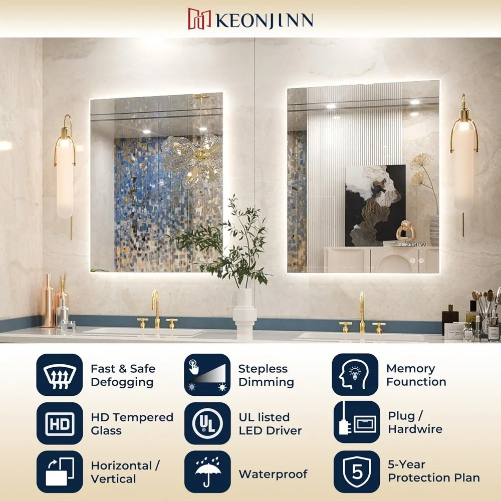 مرآة Keonjinn بإضاءة خلفية مقاس 24 × 36 بوصة للحمام، مرآة Led مضادة للضباب، CRI90+ HD من الزجاج المقسى، مرآة مضاءة قابلة للتعتيم بدون خطوات #4