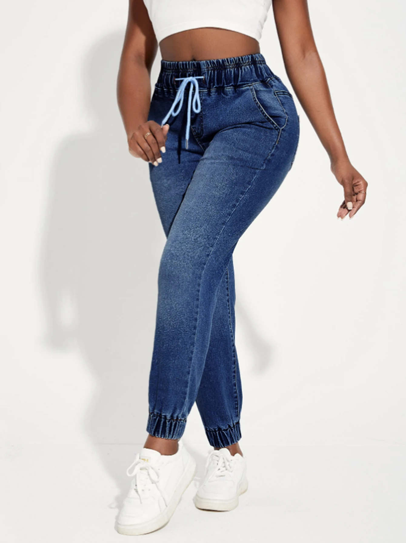 Vaqueros de mujer, pantalones vaqueros elásticos estilo deportivo con cordón y cintura elástica